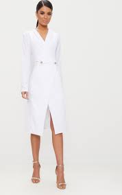 White Button Detail Blazer Midi Dress Blazer Dress Tuxedo Dress Fashion