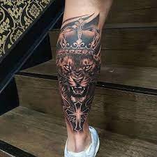 Lion Crown Calf Leg Tattoo Best Leg Tattoos For Men Cool Lower Upper Side L Lion Crown Calf Leg Best Leg Tattoos Calf Tattoo Men Calf Sleeve Tattoo
