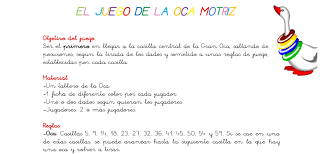 El objetivo es ser el primero en llegar a la casilla central de la gran oca, saltando de posiciones según la tirada de dados y sometido a unas reglas de juego, establecidas en cada una de las casillas: Juego De La Oca Motriz Orientacion Andujar