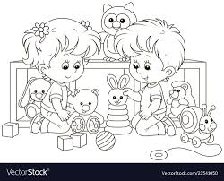 Smiling Kids With Funny Toys In A Kindergarten Black And White Vector Illustration In A Cart Coloring Books Unicorn Coloring Pages Kindergarten Coloring Pages