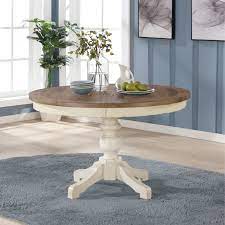 Round rustic farmhouse table set with chairs, single pedestal style base, dark walnut brown top with gray base, small wooden dining table. Prato 5 Piece Round Dining Table Set With Cross Back Chairs Antique White And Distressed Oak Overstock 30933200