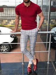 Black And Yellow Plaid Pants Mens Burgundy Slim Fit Polo Shirt Claret Red Plaid Pants And Burgundy Tassel Loafer Men Fashion Casual Outfits Mens Casual Outfits Pants Outfit Men