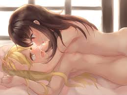 nanaironokabi, hakurei reimu, kirisame marisa, touhou, absurdres, highres,  2girls, armpits, artistic error, bed, blonde hair, blush, breasts, brown  eyes, brown hair, long hair, looking at another, multiple girls, nipples,  nude, on bed,