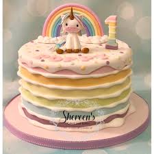 Pastel unicorn and rainbow cake. Pastel Rainbow Unicorn Cake Stripe First Birthday Novelty Cake Unicorn Birthday Cake Birthday Cake Kids Kids Cake