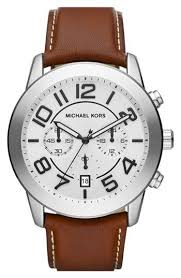 Michael Kors Mercer Large Chronograph Leather Strap Watch 45mm Saatler Korse Erkek Giyim
