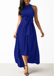 Women S Royal Blue Belted Asymmetric Hem Maxi Two Piece Cocktail Party Dress Solid Color Mock Ne In 2020 Royal Blue Dresses Maxi Dress With Sleeves Shop Casual Dresses