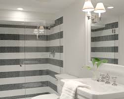 Black And White Shower Tile Designs Bathrooms Glossy White Pedestal Sink Seamless Glass Shower Small Black Tiles Shower Surr Modern Bathroom Design Bathroom Shower Design Unique Bathroom Design