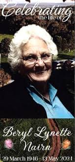 Celebrating the life of Beryl Nairn. Wednesday 29th May. Funeral service  Denmark Country Club at 1pm Burial at Denmark cemetery 1.30pm Wake at  Denmark Country Club 2.30pm