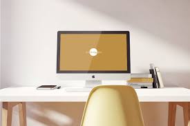 Free Imac Pro On Designer Table Mockup Psd Imac Imac Desk Setup Table Design