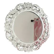 A decorative venetian etched glass wall mirror. Round Floral Frame Etched Venetian Mirror