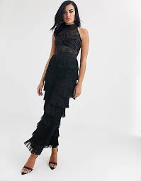 Opulence England Premium Party Sheer Sequin Fringe Jumpsuit In Black Asos