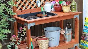 Double deck shelves and free space under the table can be used to store pots and seeds. 45 Free Diy Potting Bench Plans Ideas That Will Make Planting Easier Outdoor Potting Bench Potting Bench Plans Potting Bench