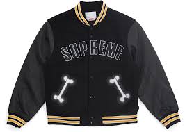 Supreme Bone Varsity Jacket Black In 2020 Varsity Jacket Jackets Varsity Jacket Outfit