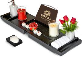 , this tub caddy tray fits wooden tub models: Amazon Com Royal Craft Wood Luxury Bamboo Bathtub Caddy Tray With Book And Wine Holder Black Home Kitchen