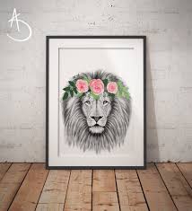 Lion Flower Crown Lion Print Printable Art Animals Floral Etsy Lion Flower Lion Print Art