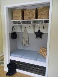 This simple closet hack only requires plastic rings and a hanger to give your baseball caps a tidy home. The Diligent One Mini Mudroom Reveal Entryway Closet Hall Closet Organization Front Hall Closet