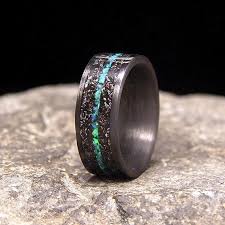 Meteorite Shavings With Blue Green Lab Opal Inlay Carbon Fiber Wedding Band Or Unique Gift Ring Carbon Fiber Wedding Bands Opal Band Rings For Men