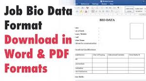 Examples of job biodata include name, contact information, educational background, work history, skills, interests, awards, certifications and professional qualification (s). Bio Data Format For Job Pdf Word Free Download Youtube