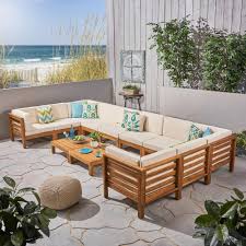 Noble House Oana Teak Brown 12 Piece Wood Patio Conversation Sectional Seating Set With Beige Cushions 5506 In 2020 U Shaped Sectional Sofa Sofa Set U Shaped Sectional