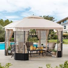 Sunjoy Harlem 10 Ft X 12 Ft Steel Gazebo With Beige Canopy A101012500 The Home Depot In 2020 Steel Gazebo Patio Gazebo Gazebo