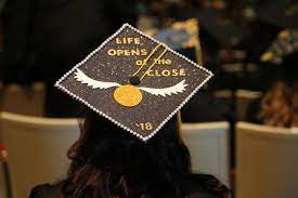 Life Opens At The Close Manchester University Harry Potter Themed Harry Potter Graduation Cap High School Graduation Cap Decoration Graduation Cap Decoration
