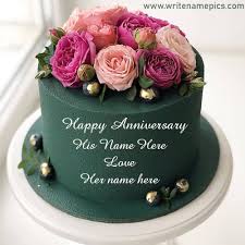 Innoru happy anniversary cake topper, gold glitter acrylic 10th 30th 50th wedding anniversary/birthday party cake decorations. Green Colored Flowers Anniversary Cake With Couple Name