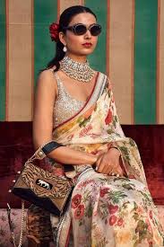 Buy Printed organza sari with sequined blouse by Sabyasachi at Aashni and Co