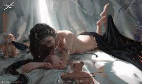 wlop, ghostblade, commentary, highres, 1girl, animal, artist name, bare  shoulders, barefoot, biting, bra, bracelet, brown hair, cat, copyright  name, fingernails, hair ornament, harem outfit, jewelry, long hair, looking  down, lying, on stomach,