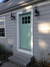 Sea Green Door Gray House Door Color Is Benjamin Moore Paint 1 Part Whythe Blue Mixed With 1 Part Green Front Doors House Doors Colors House Paint Exterior