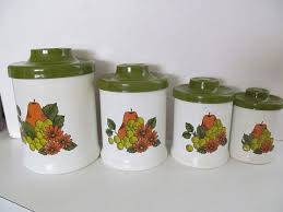 4x kitchen storage canisters set tea coffee sugar biscuit vintage metal black. Vintage Atap Kitchen Canisters Green White Fruit Flower Etsy Vintage Canister Sets Vintage Canisters Kitchen Canisters