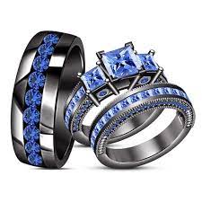 Three Stone Engagement Ring Trio Set Blue Sapphire Black Gold Plated 925 Silver Description Black Gold Ring Black Gold Jewelry Three Stone Engagement Rings