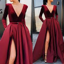 Burgundy Split Evening Dresses 2019 New Sexy A Line Prom Dresses Deep V Neck Long Sleeves Sash Belt Long Prom Gowns Truworths Evening Dresses Arabic