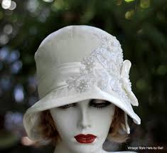 1920s Great Gatsby Wedding Party Cloche Hat In White Velvet Lace Pearls And  Sequins