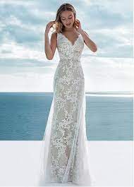 Magbridal Elegant Tulle Lace V Neck Neckline Sheath Column Wedding Dress With Beadings In 2020 Column Wedding Dress Romance Wedding Dress V Neck Wedding Dress