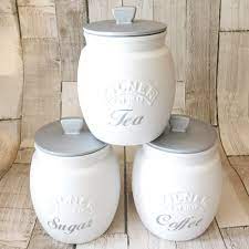 Canister,kitchen canister,set of 3,tin canister,storage jar,spice jar,spice rack,relievo ornamented,coffee canister,sugar and flour canister. White And Silver Kitchen Canisters Tea Coffee Sugar Jars The British Craft House