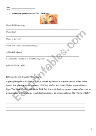 English Worksheets Present Simple The Lion King