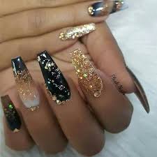 Acrylic Summer Long Black Coffin Nails Black Gold Nails Acrylic Nails Coffin Glitter Gold Nails Black Coffin Nails
