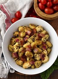 Crispy Chicken Bacon And Pesto Gnocchi Skillet Iowa Girl Eats Recipe Pesto Recipe Crispy Chicken Gnocchi