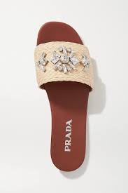 Beige Claquettes En Raphia A Cristaux Prada Raffia Shoes Prada Crystals