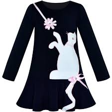Details About Girls Dress Cotton Casual Long Sleeve Cat Embroidered Age 3 7 Years