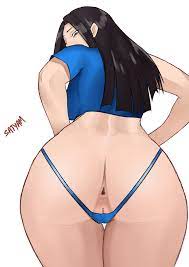 anus artist name ass back black hair blue eyes blue shirt  cameltoe commentary english commentary female from behind from below  highres looking back nico robin one piece panties satyam