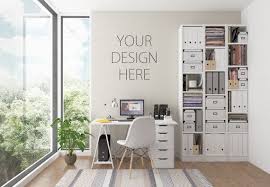 Blank Wall Mockup Art Home Office Workspace Interior Room Mockup Poster Artwork Canvas Desk Scandina Scandinavian Design Desk Room Interior Interior
