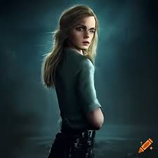 Photorealistic, emma watson, blonde hair, confident, slim build, hands in  pockets, highwaisted black leather trousers, sweatshirt, full body and head  view, searching dark wet alley on Craiyon