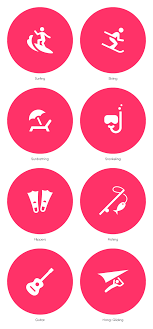 Surfing Icon Skiing Icon Sunbathing Icon Snorkeling Icon Flippers Icon Fishing Icon Guitar Icon And Hang Gliding Pictogram Design Custom Icons Pictogram