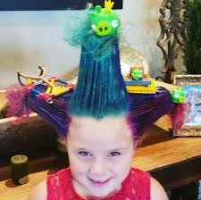 Wild Bird With Crazy Hair Crazy Hair Day Wacky Hair Day Angry Birds Theme We Used Paper Coffee Cups To Tie Pony Tails Around Then Added F Wacky Hair Days Crazy Hair Days Wacky Hair