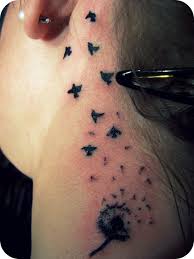 Black Bird Tattoo Behind Ear Image Result For Dandelion Seed Behind Ear Tattoo Neck Tattoo Tattoos Elephant Tattoos