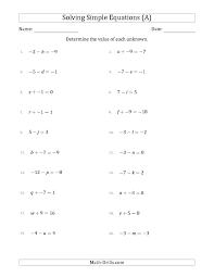 The Solving Simple Linear Equations With Unknown Values Between 9 And 9 And Variables On The Algebra Worksheets Solving Linear Equations Algebraic Expressions