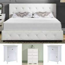 The transitional chrome leg style offers stability that added to its. Queen Size Bedroom Set White Leather Platform Bed 2 Nightstands 4 Drawer Chest For Sale Online Ebay