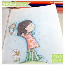 Relaxing portrait coloring page for adults. Floating Lemons Coloured Pencil Little Girl In Rain