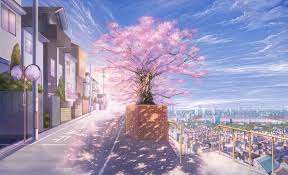 Building Cherry Blossoms City Clouds Kagumanikusu Mirror Nobody Original Petals Scenic Sky Tree View Wallpaper Anime Scenery Wallpaper Anime Wallpaper Download